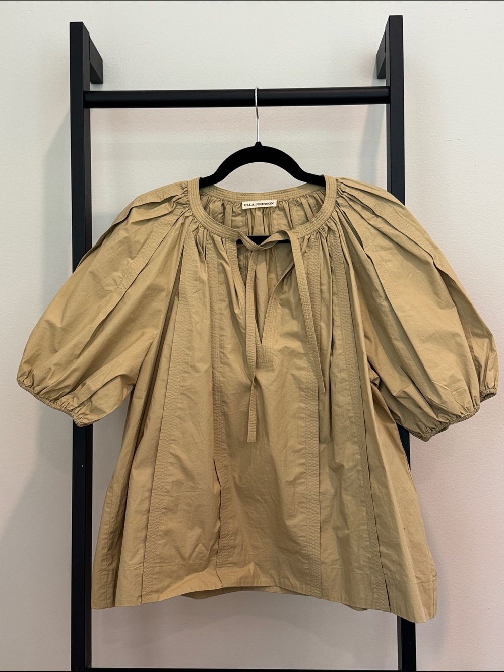 Ulla Johnson Khaki Tie-Neck Puff-Sleeve Blouse